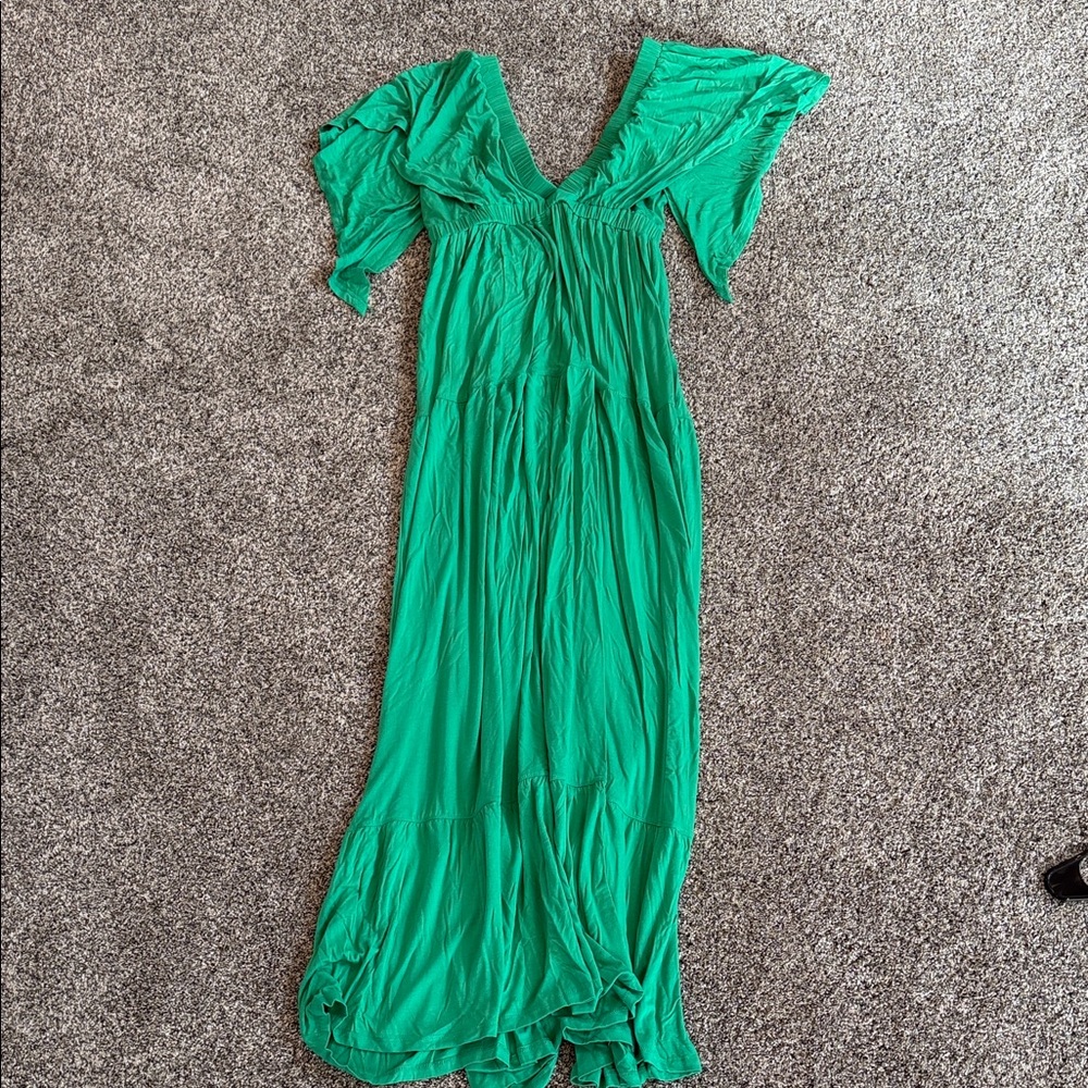 Impressions Bright Green V-Neck Flutter Maxi Dress